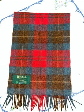 Irish 100% Wool Plaid Fringe Scarf - Red, Blue, Brown
